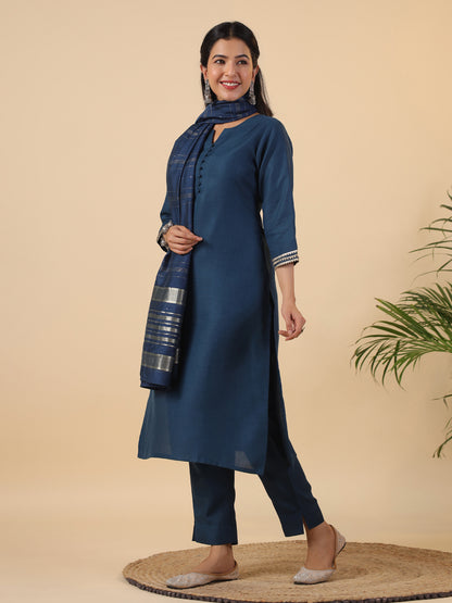 Teal Blue Cotton Blend Solid Straight Kurta Set
