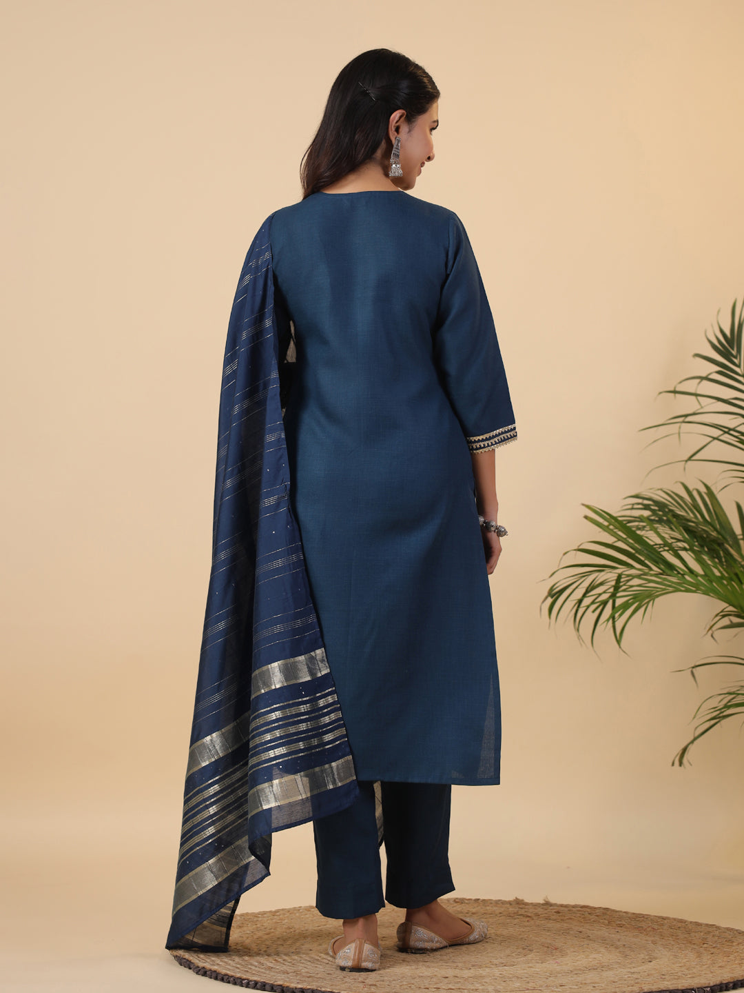 Teal Blue Cotton Blend Solid Straight Kurta Set