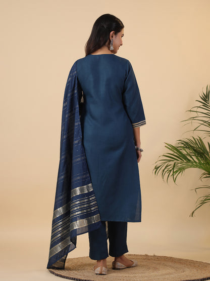 Teal Blue Cotton Blend Solid Straight Kurta Set