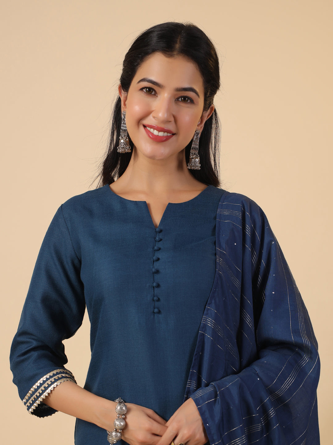 Teal Blue Cotton Blend Solid Straight Kurta Set