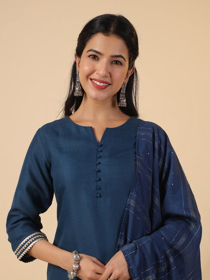 Teal Blue Cotton Blend Solid Straight Kurta Set