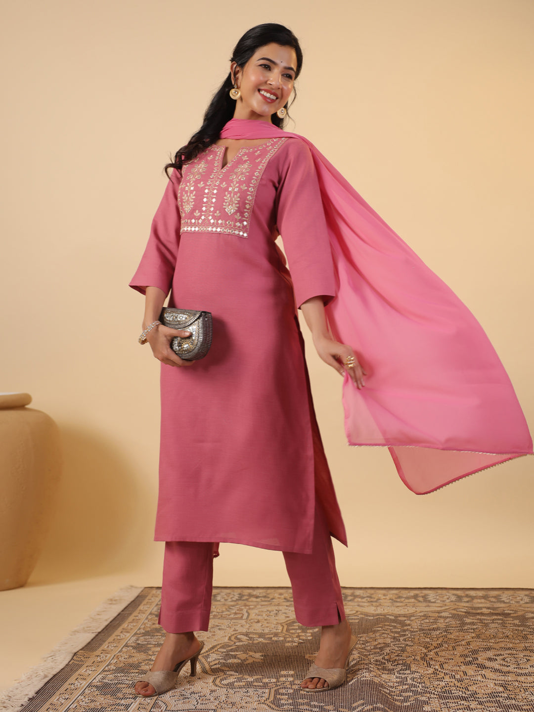 Pink Cotton Blend Yoke Embroidery Straight Kurta Set