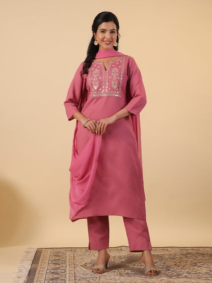 Pink Cotton Blend Yoke Embroidery Straight Kurta Set