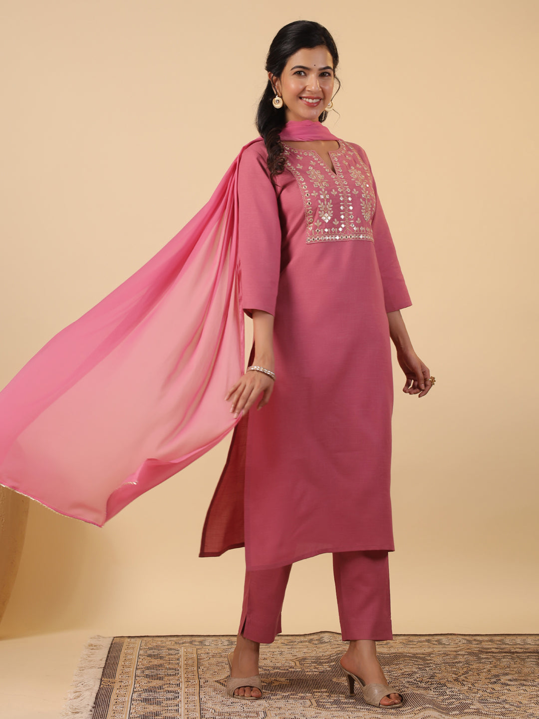 Pink Cotton Blend Yoke Embroidery Straight Kurta Set