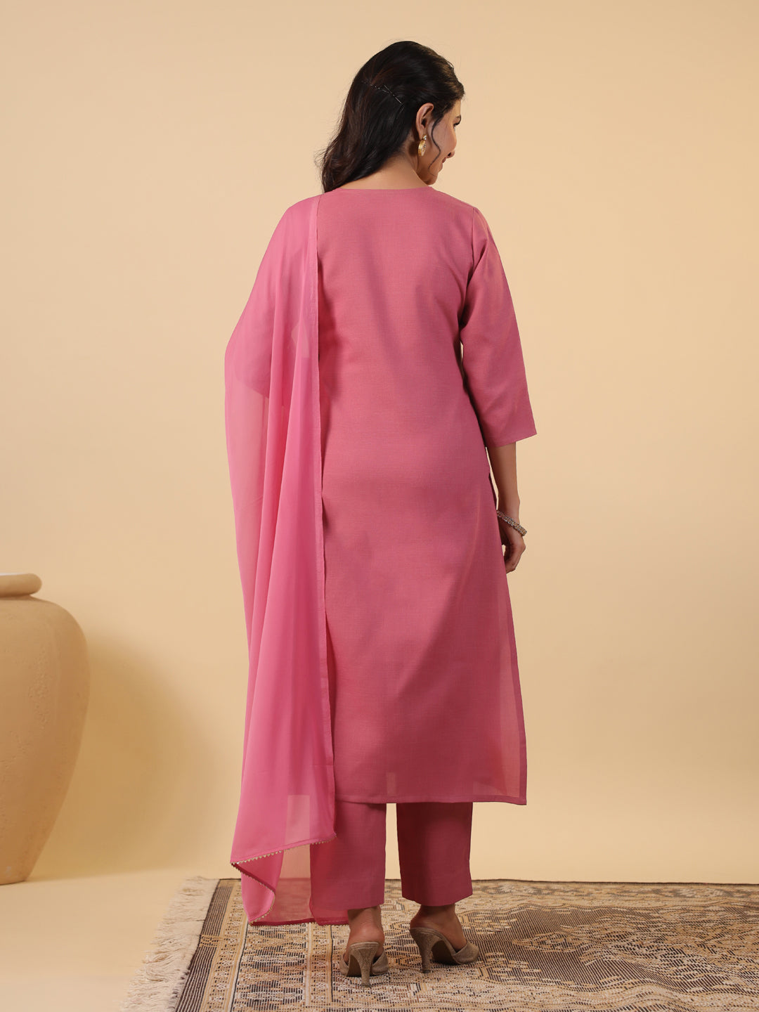 Pink Cotton Blend Yoke Embroidery Straight Kurta Set