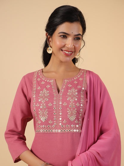 Pink Cotton Blend Yoke Embroidery Straight Kurta Set
