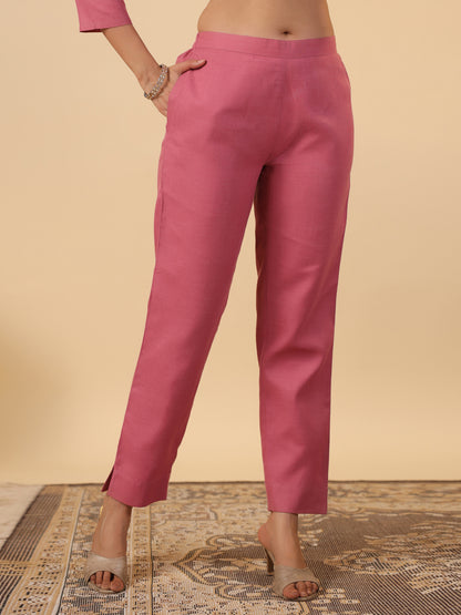 Pink Cotton Blend Yoke Embroidery Straight Kurta Set