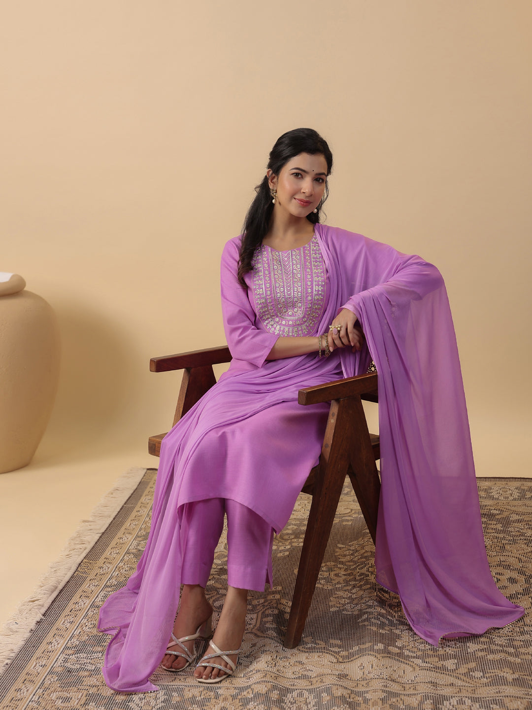 Lavender Cotton Blend Yoke Embroidered Straight Kurta Set