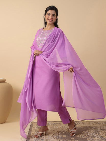 Lavender Cotton Blend Yoke Embroidered Straight Kurta Set