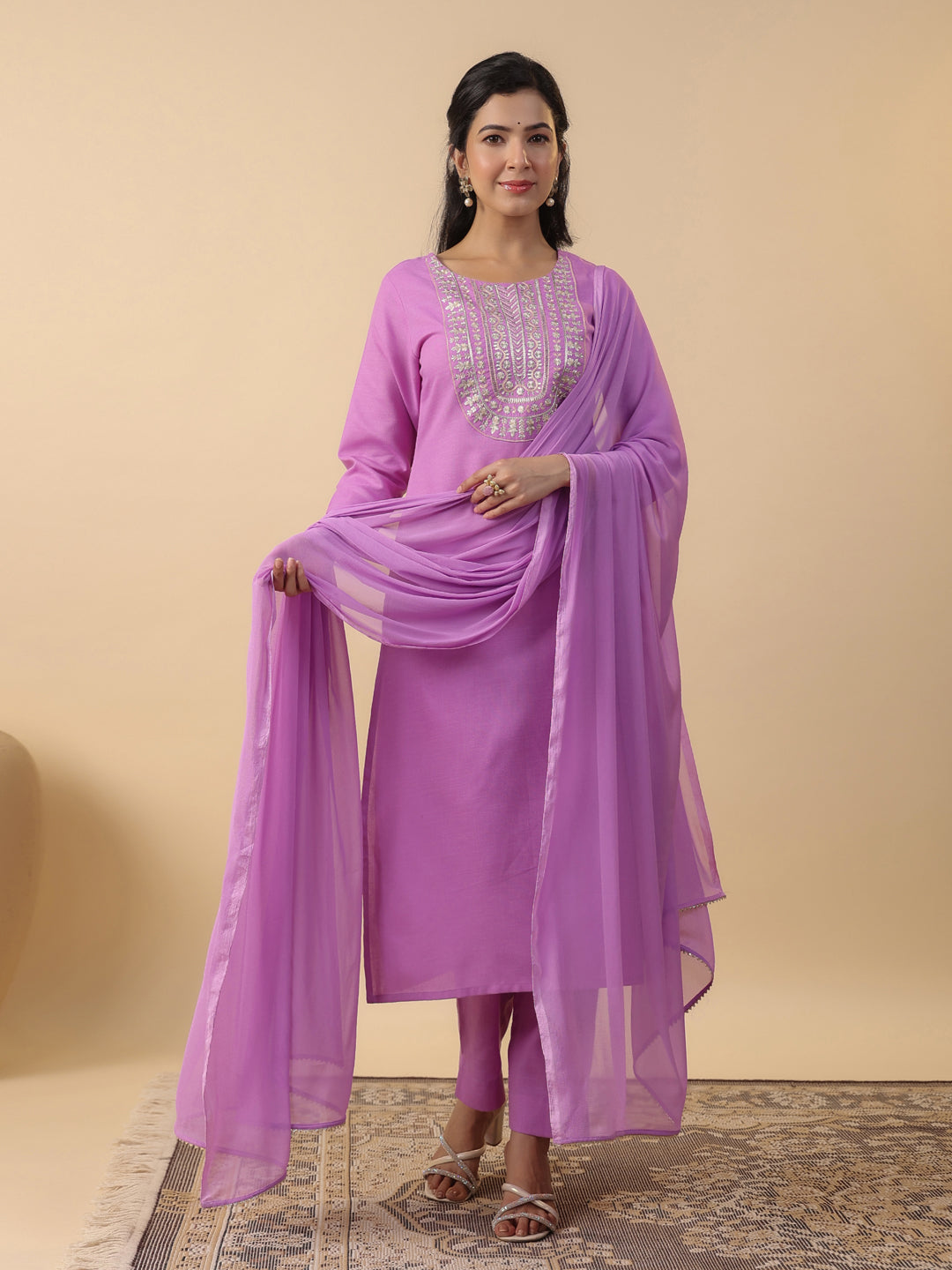 Lavender Cotton Blend Yoke Embroidered Straight Kurta Set