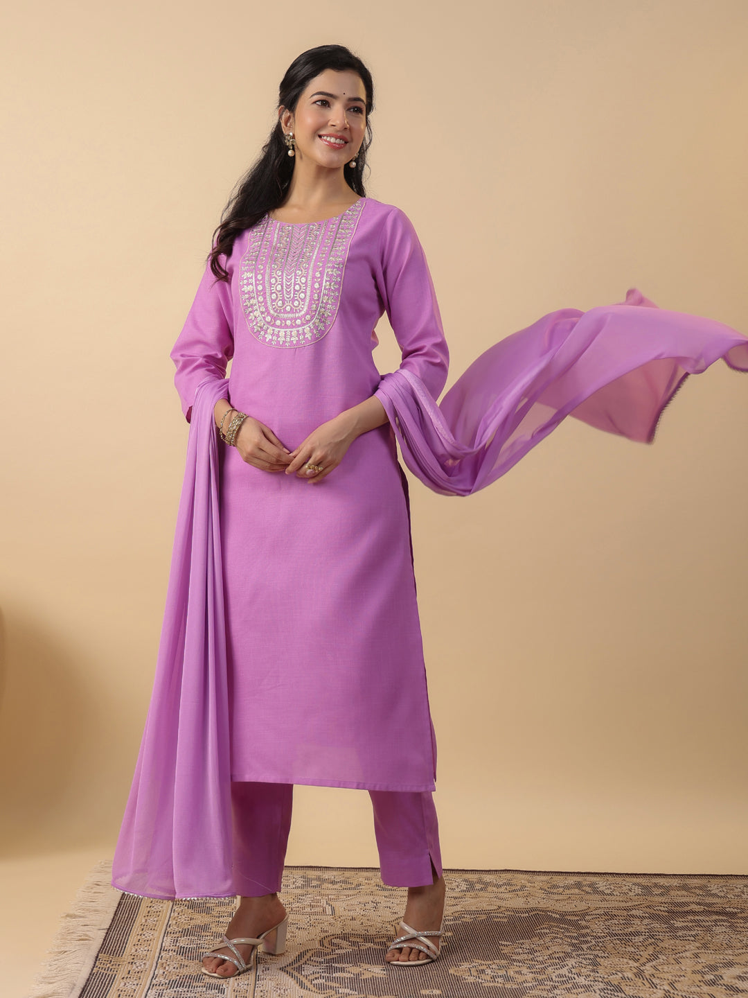 Lavender Cotton Blend Yoke Embroidered Straight Kurta Set