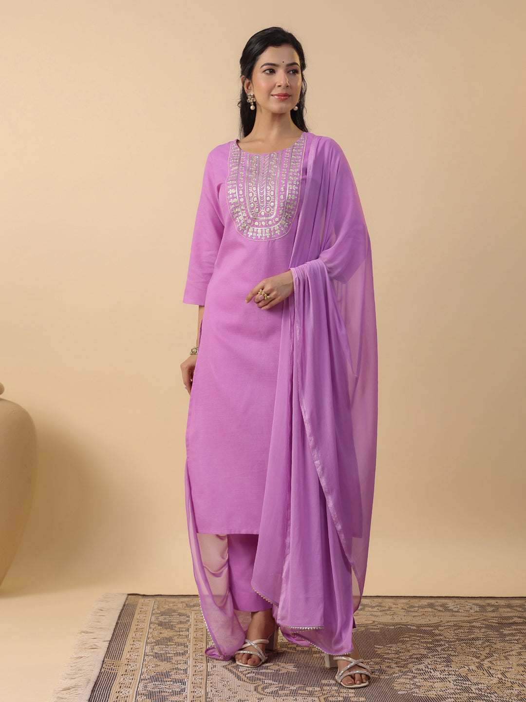 Lavender Cotton Blend Yoke Embroidered Straight Kurta Set