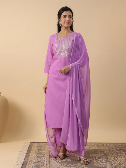 Lavender Cotton Blend Yoke Embroidered Straight Kurta Set