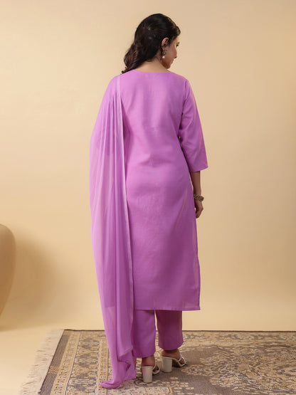 Lavender Cotton Blend Yoke Embroidered Straight Kurta Set
