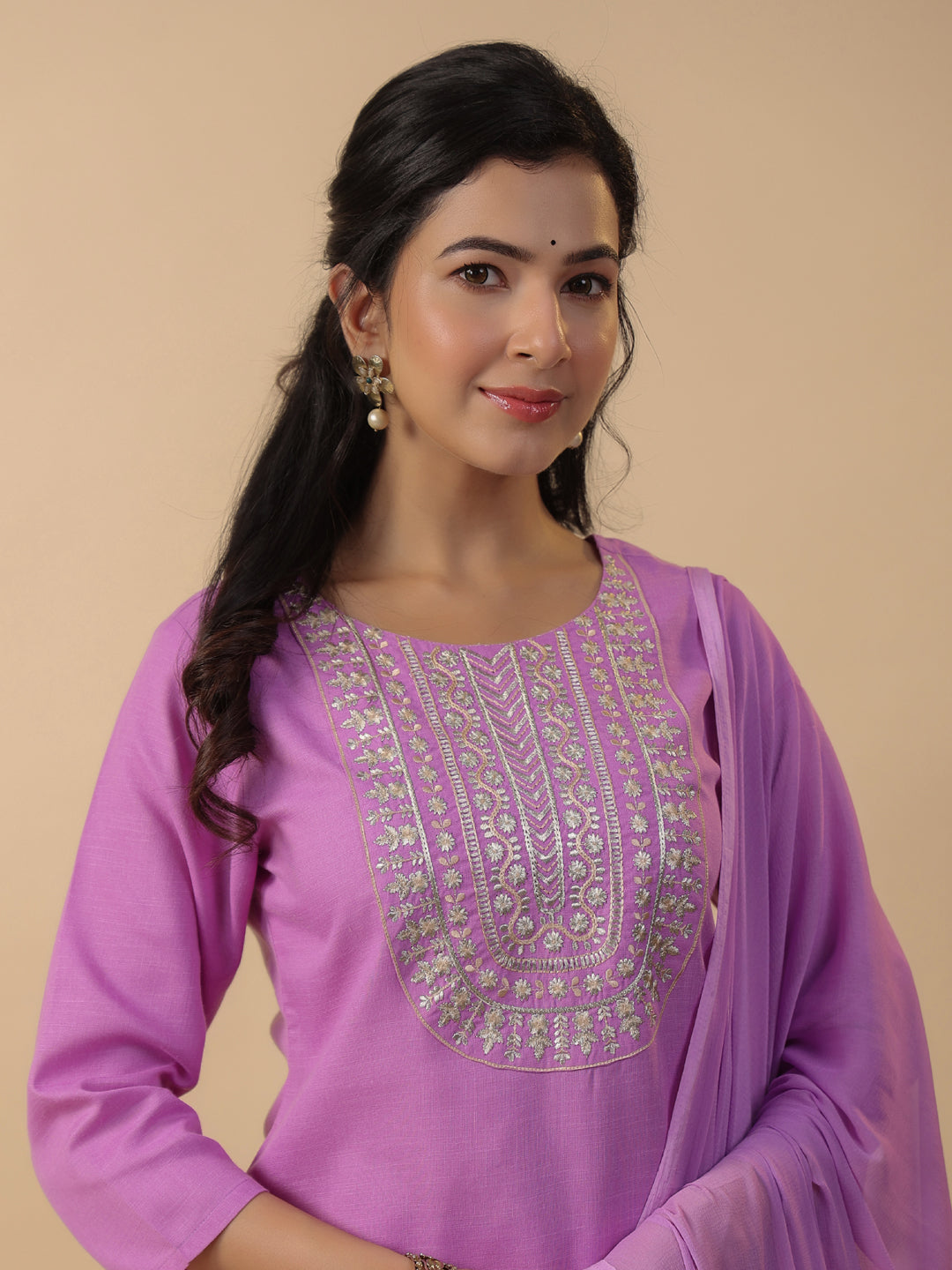 Lavender Cotton Blend Yoke Embroidered Straight Kurta Set