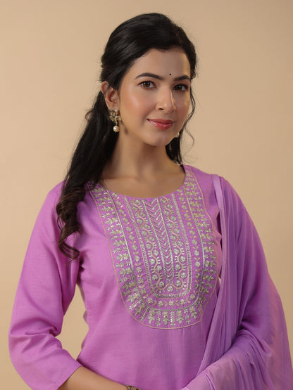 Lavender Cotton Blend Yoke Embroidered Straight Kurta Set