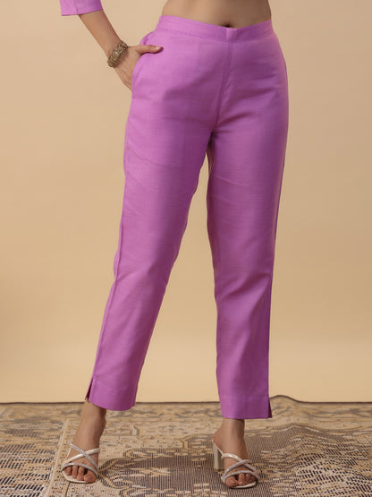 Lavender Cotton Blend Yoke Embroidered Straight Kurta Set