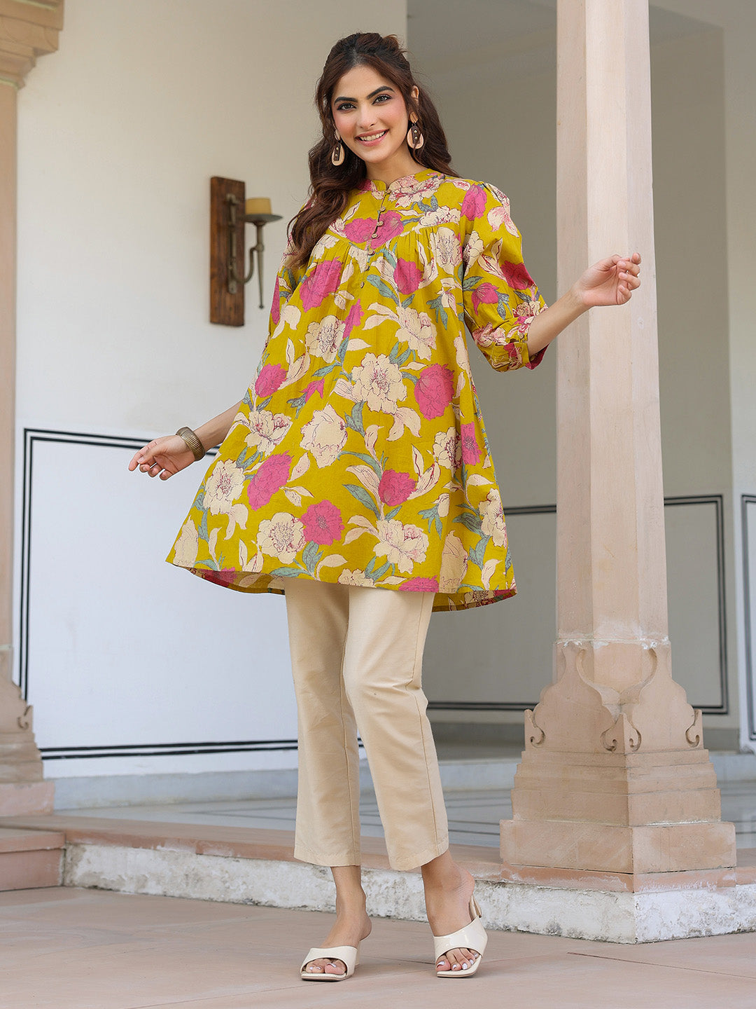 Mustard Pure Cotton Floral Printed A-line Tunic