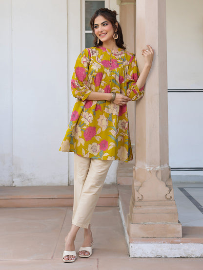 Mustard Pure Cotton Floral Printed A-line Tunic