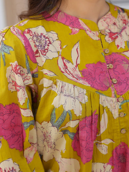 Mustard Pure Cotton Floral Printed A-line Tunic