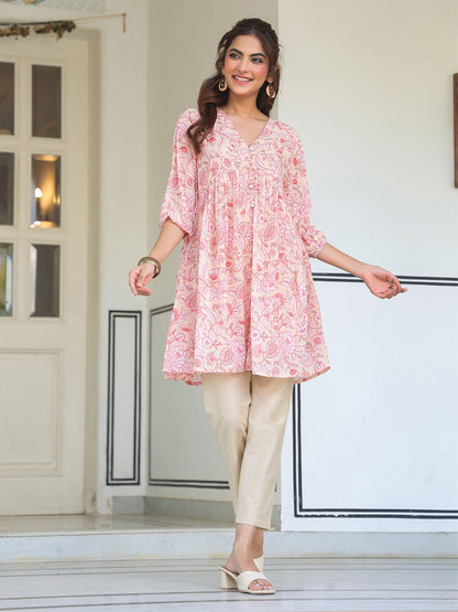 Peach Georgette Floral Printed Gathered Tunic