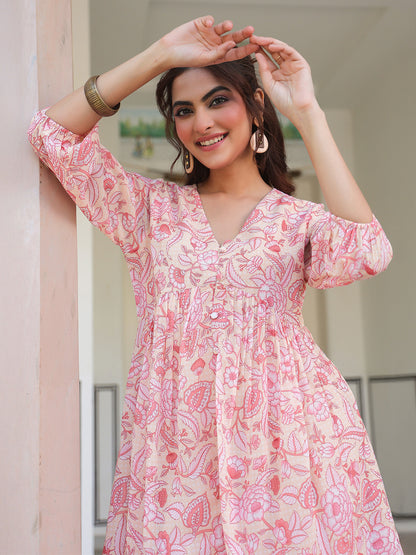 Peach Georgette Floral Printed Gathered Tunic