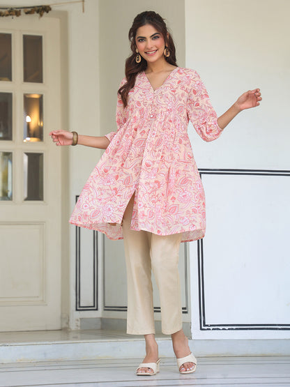 Peach Georgette Floral Printed Gathered Tunic