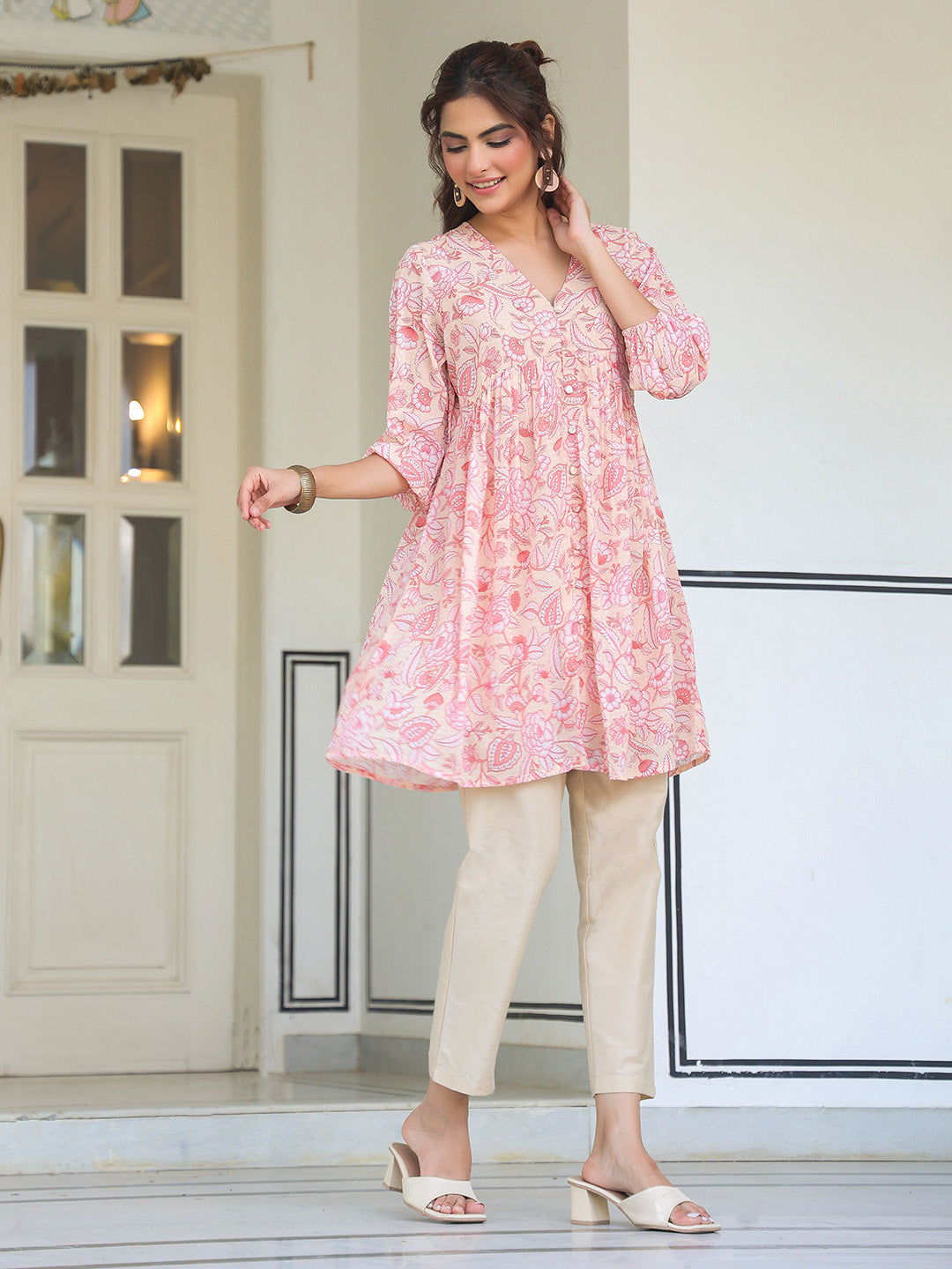 Peach Georgette Floral Printed Gathered Tunic