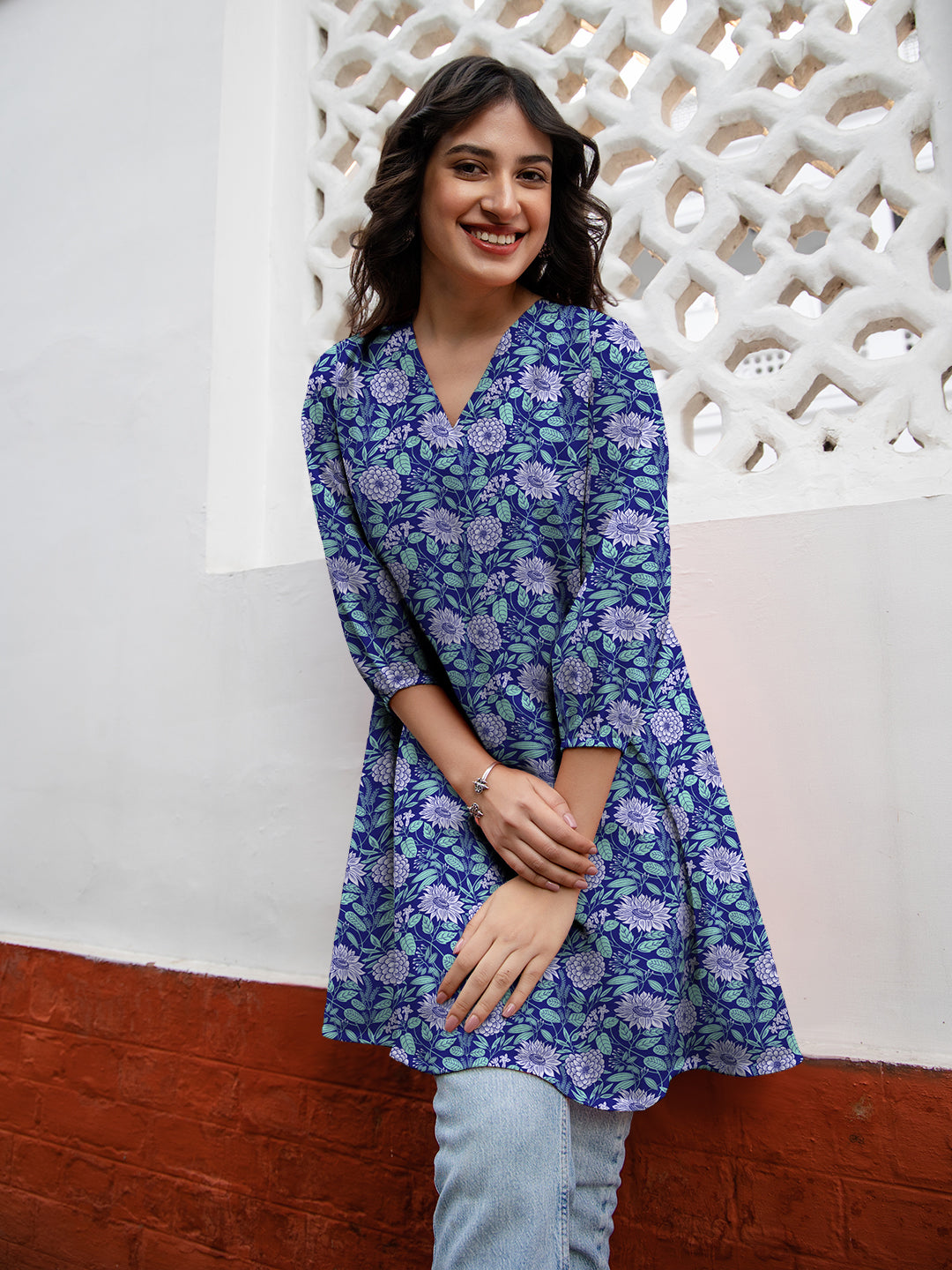 Blue Georgette Floral Printed A-line Tunic