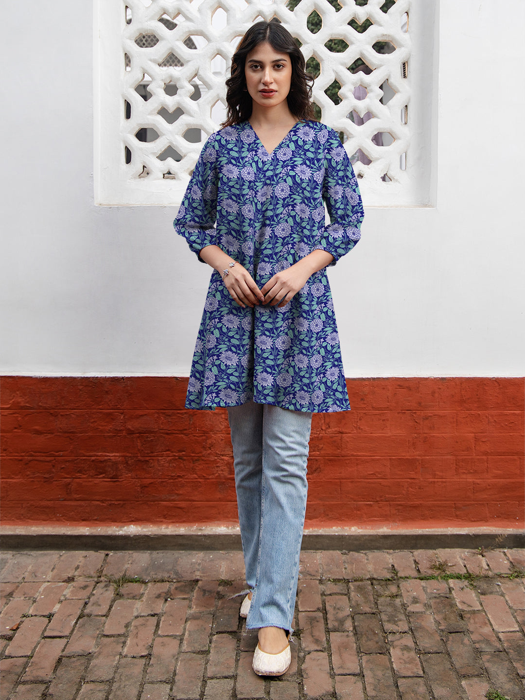 Blue Georgette Floral Printed A-line Tunic