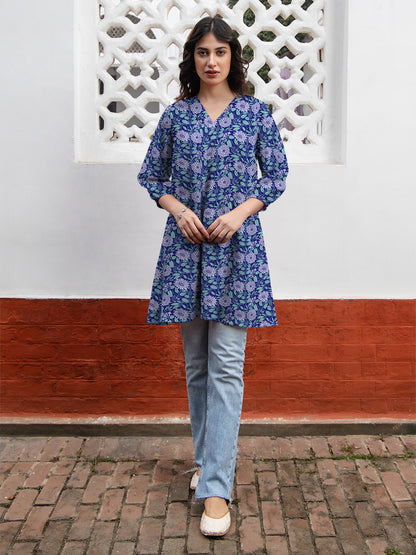 Blue Georgette Floral Printed A-line Tunic