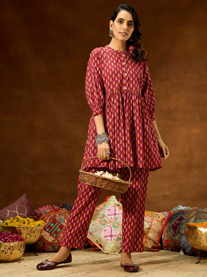 Janasya Women's Maroon Pure Cotton Ethnic Motifs Printed Peplum Co-ord Set