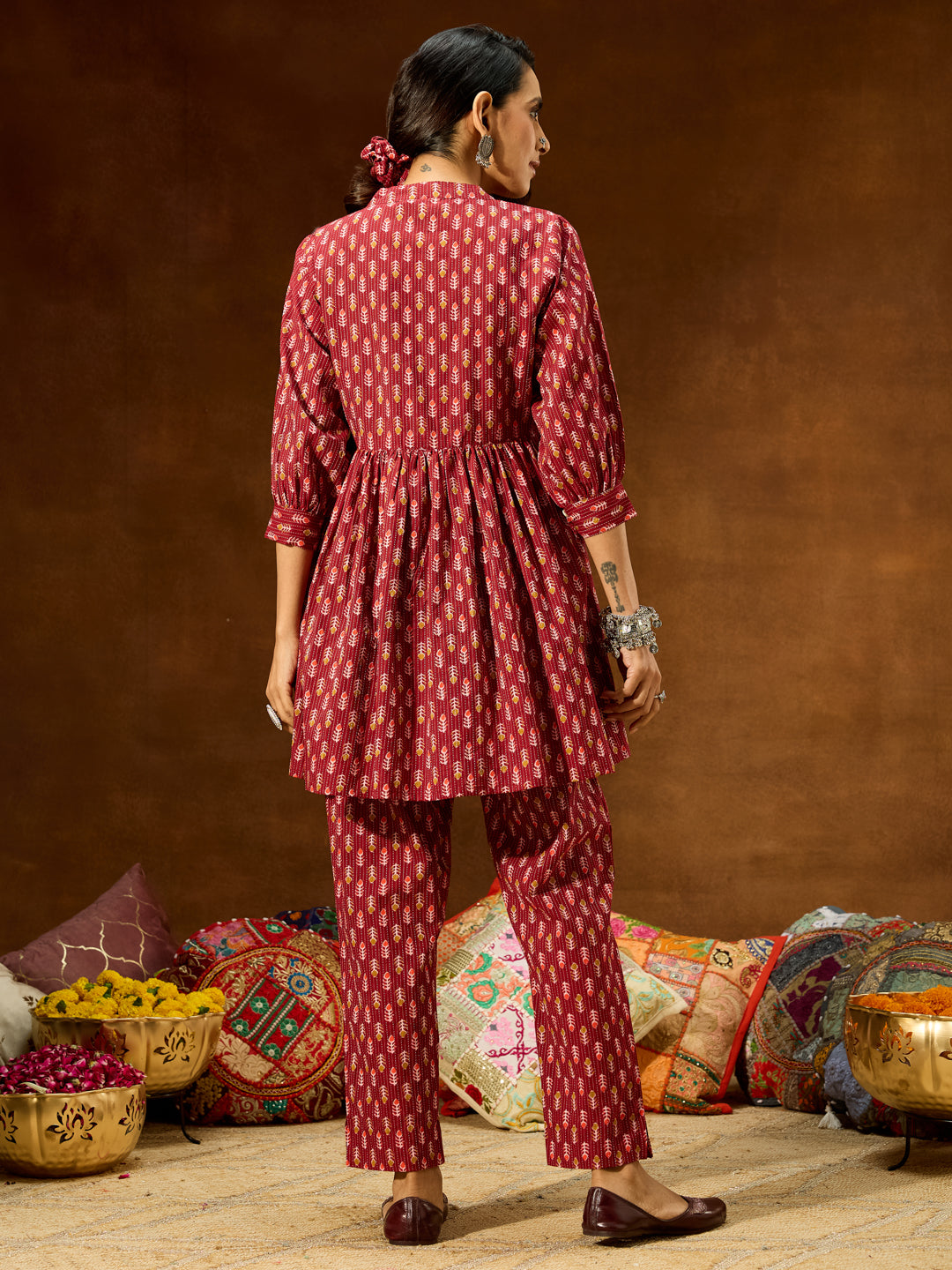 Janasya Women's Maroon Pure Cotton Ethnic Motifs Printed Peplum Co-ord Set