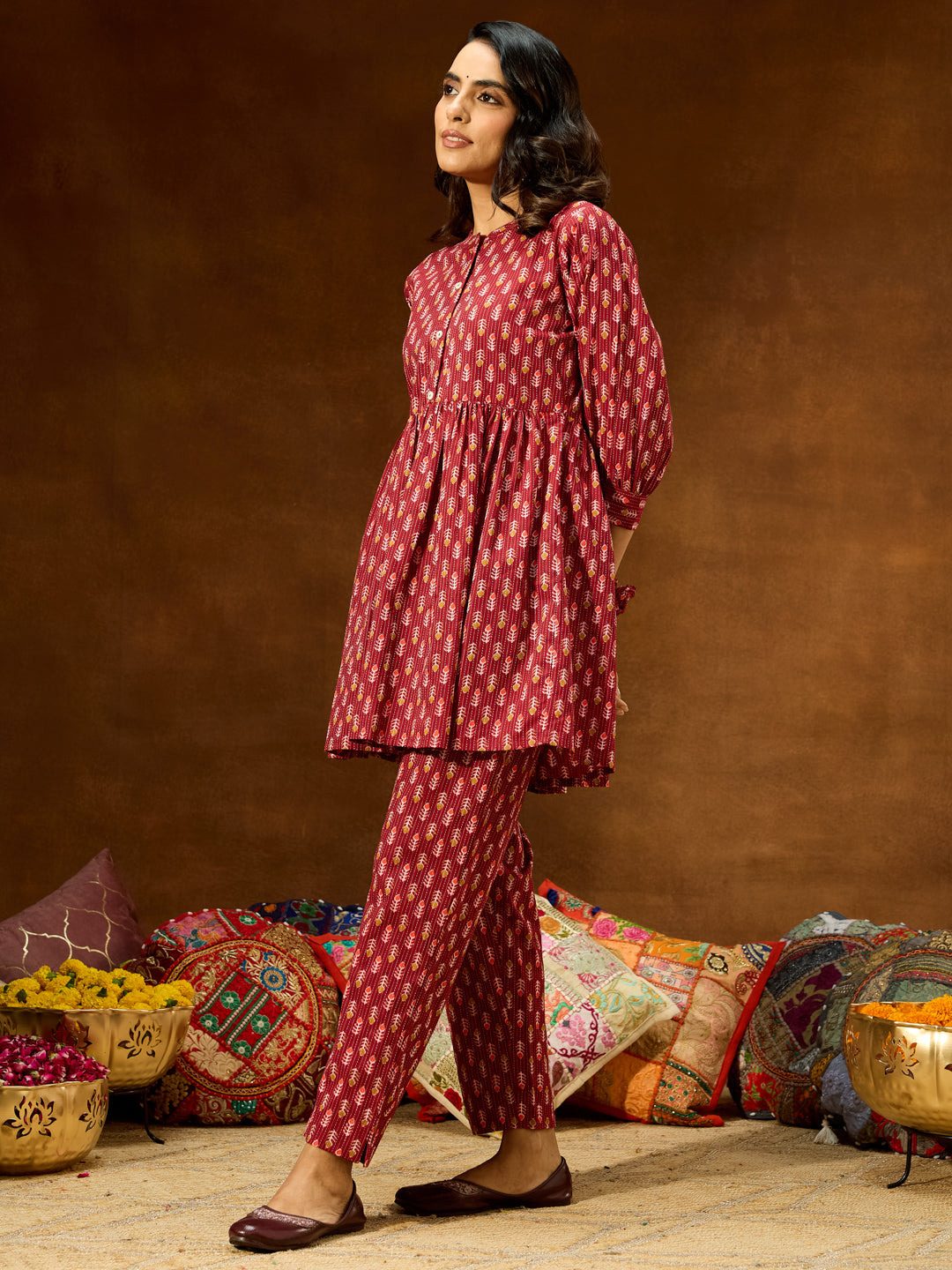 Janasya Women's Maroon Pure Cotton Ethnic Motifs Printed Peplum Co-ord Set