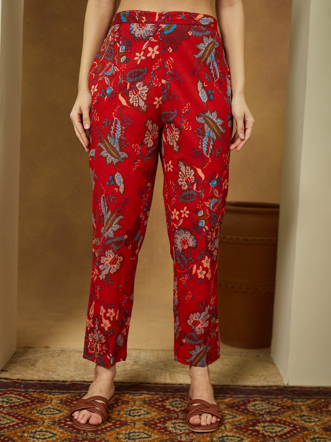 Janasya Women's Red Pure Cotton Floral Printed Peplum Co-ord Set