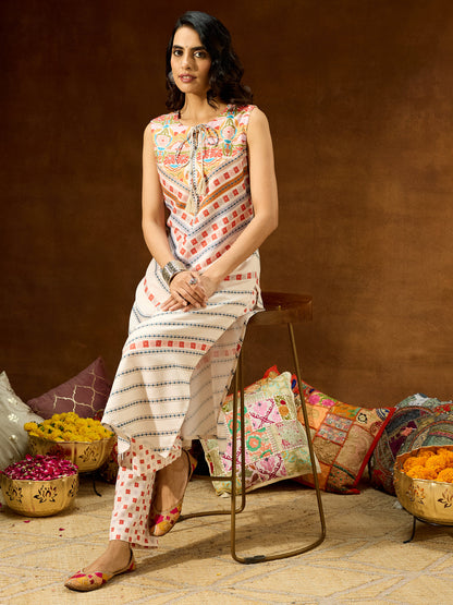 Janasya Women's Cream Cotton Blend Floral Printed Straight Co-ord Set