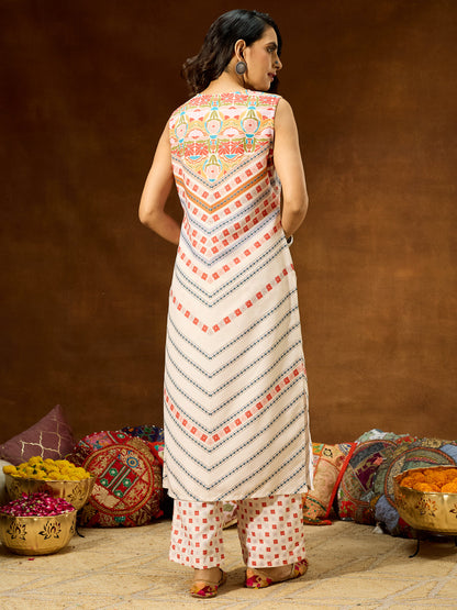 Janasya Women's Cream Cotton Blend Floral Printed Straight Co-ord Set