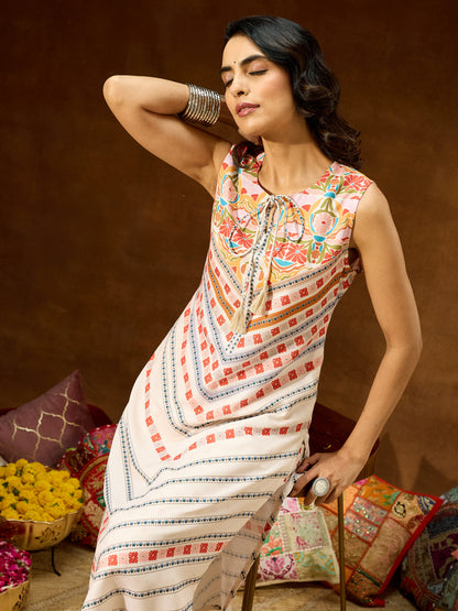 Janasya Women's Cream Cotton Blend Floral Printed Straight Co-ord Set