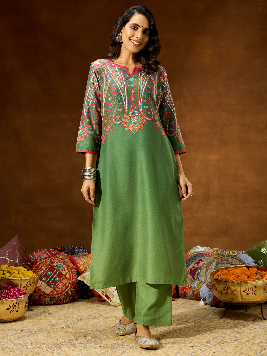Janasya Women's Green Cotton Blend Printed Straight Co-ord Set