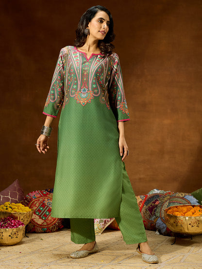 Janasya Women's Green Cotton Blend Printed Straight Co-ord Set