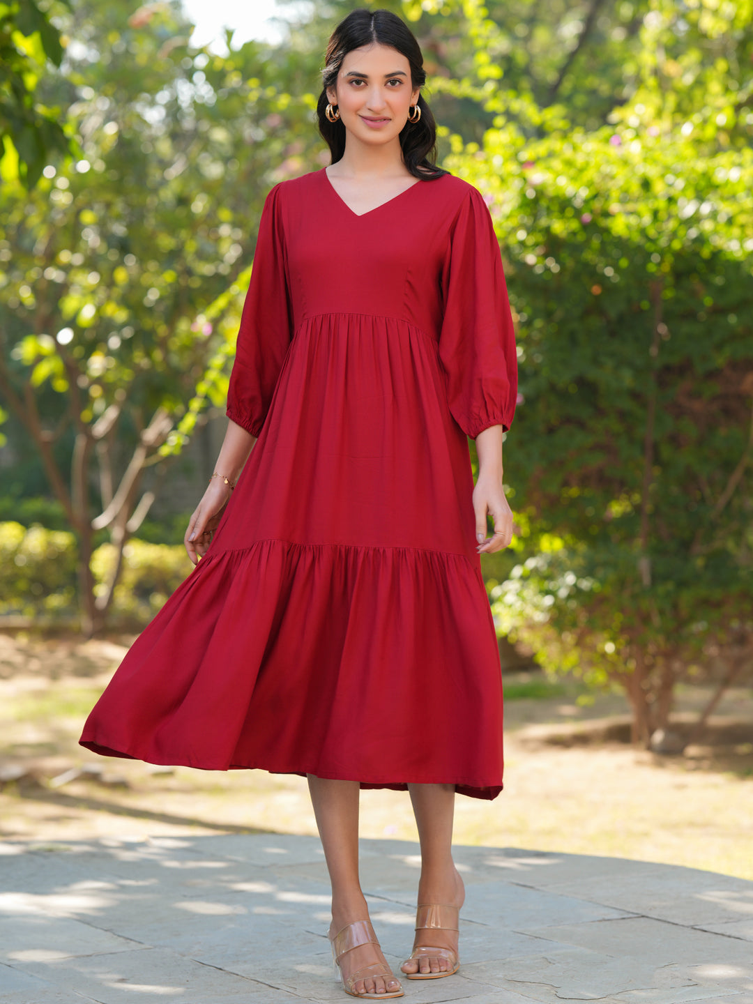 Red Rayon Solid Tiered Dress