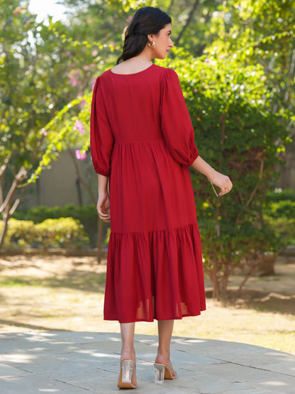 Red Rayon Solid Tiered Dress