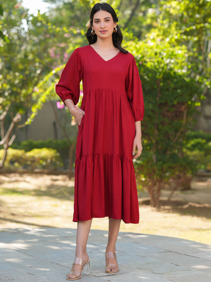 Red Rayon Solid Tiered Dress