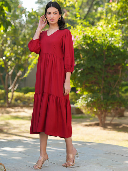 Red Rayon Solid Tiered Dress