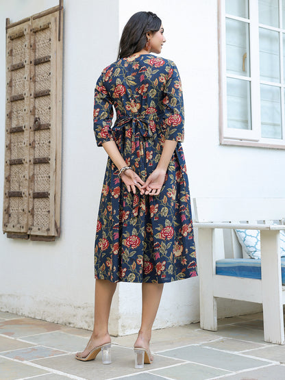 Navy Blue Pure Cotton Floral Printed A-line Dress