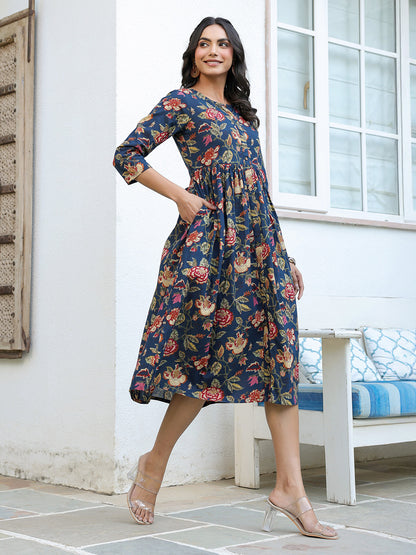 Navy Blue Pure Cotton Floral Printed A-line Dress