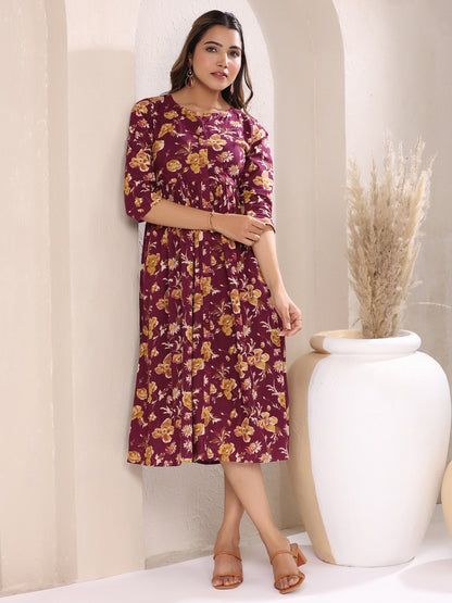 Wine Pure Cotton Floral Printed Gathered Dress
