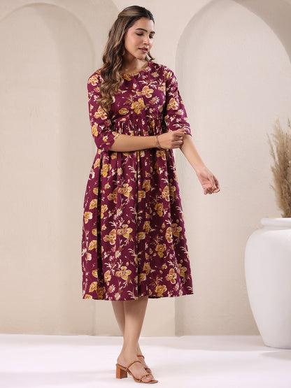 Wine Pure Cotton Floral Printed Gathered Dress