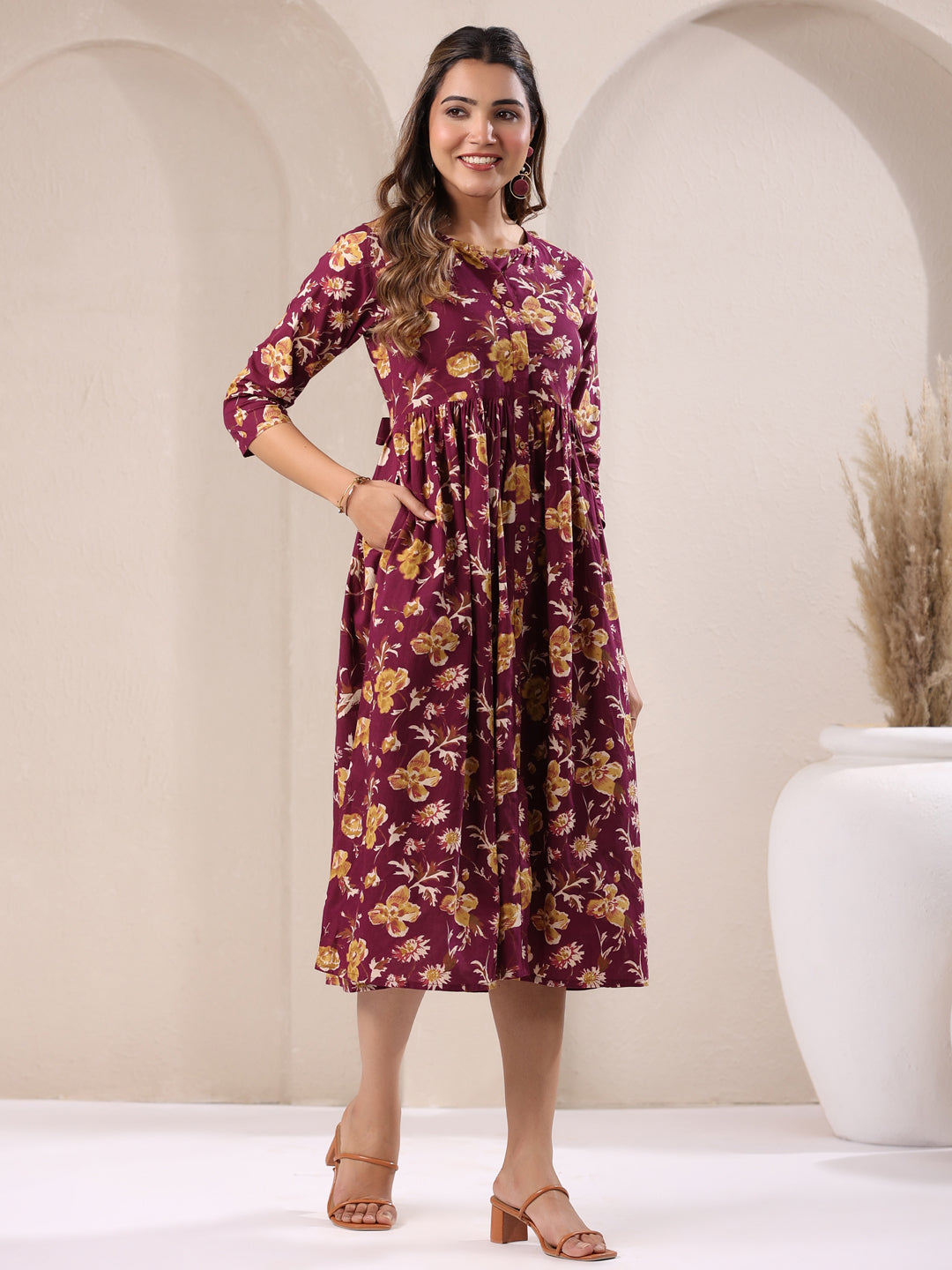 Wine Pure Cotton Floral Printed Gathered Dress