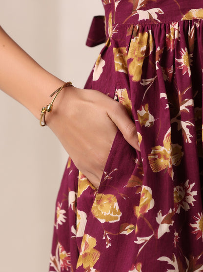 Wine Pure Cotton Floral Printed Gathered Dress